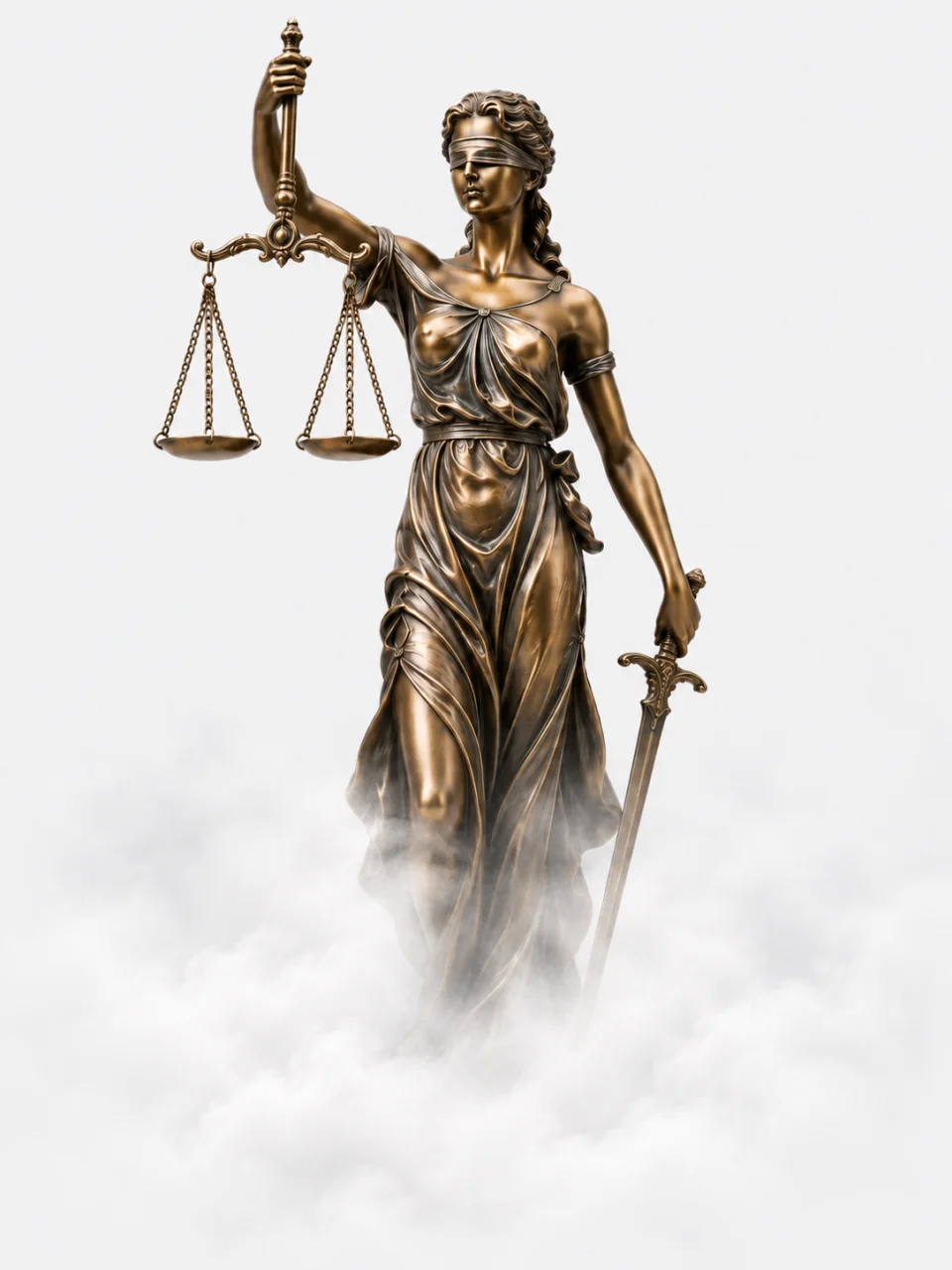 Escultura de bronce de la Justicia con balanza y espada